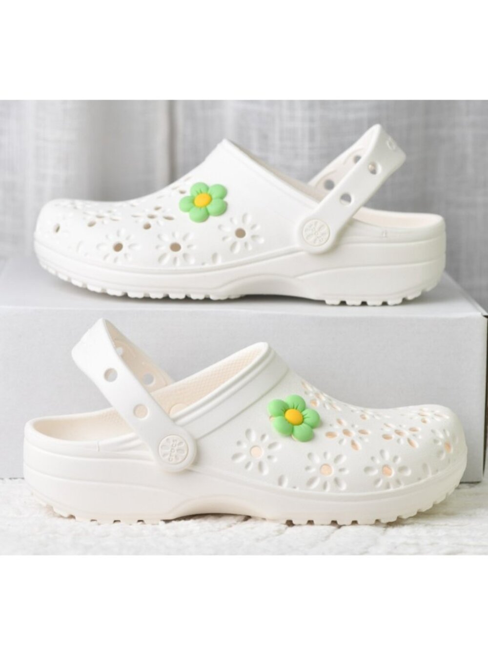 New! Size: 5 Junior | Crocs Classic Clog Floral Cut Out Chalk | 210943-0WV